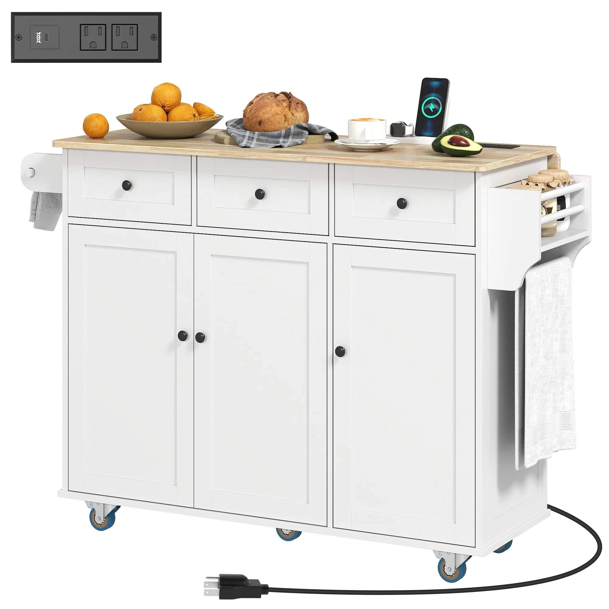 HOMCOM Rolling Kitchen Island with Charging Station and Drop Leaf, 53 Island Table with Wood Top, 3 Drawers, Adjustable Shelf