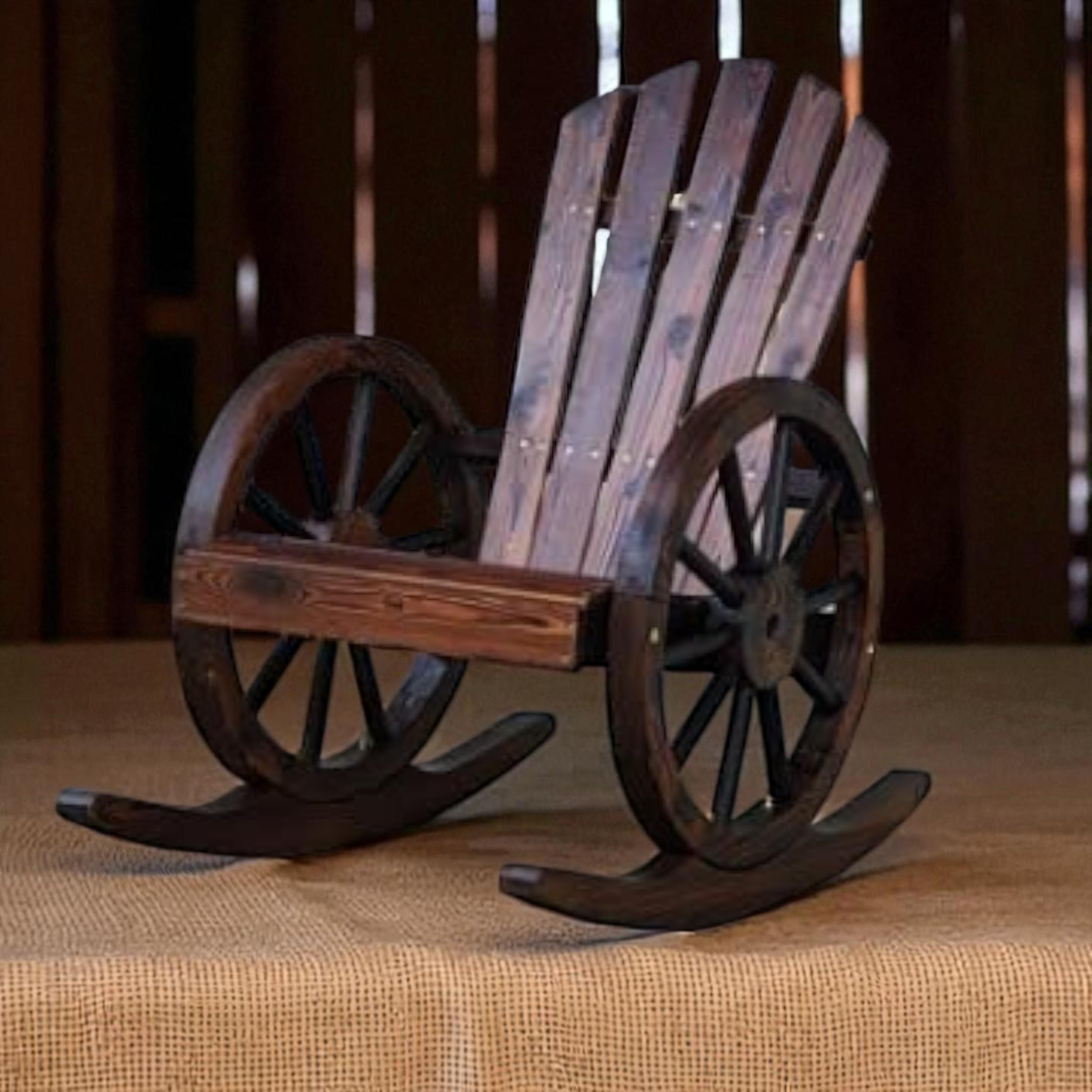 Wooden Adirondack Rocking Chair, Wood Wagon Rocker, Outdoor Wooden Carbonized Lounge Chairs with Wheel