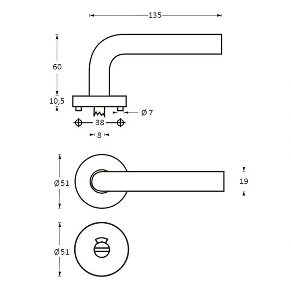 Türdrücker »gebogen«, D.50x10 mm WC 8 mm stift