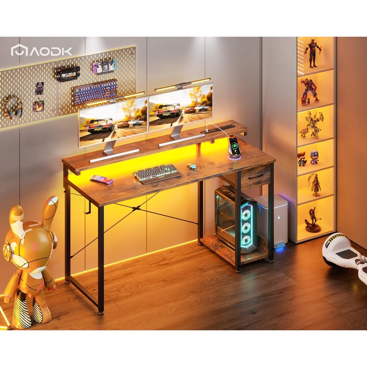 48 Gaming Desk with LED & Power Outlet, Drawer, Adjustable Shelf - Rustic Brown