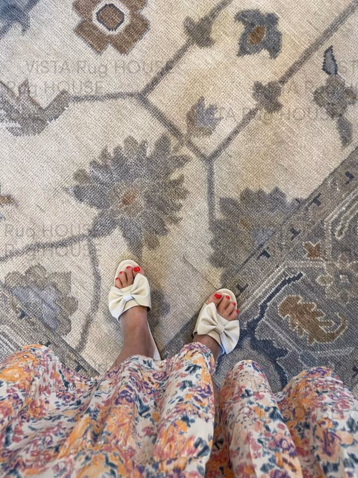 Hand Knotted Wool Oushak Rug: Blue Beige Floral, Soft Pile