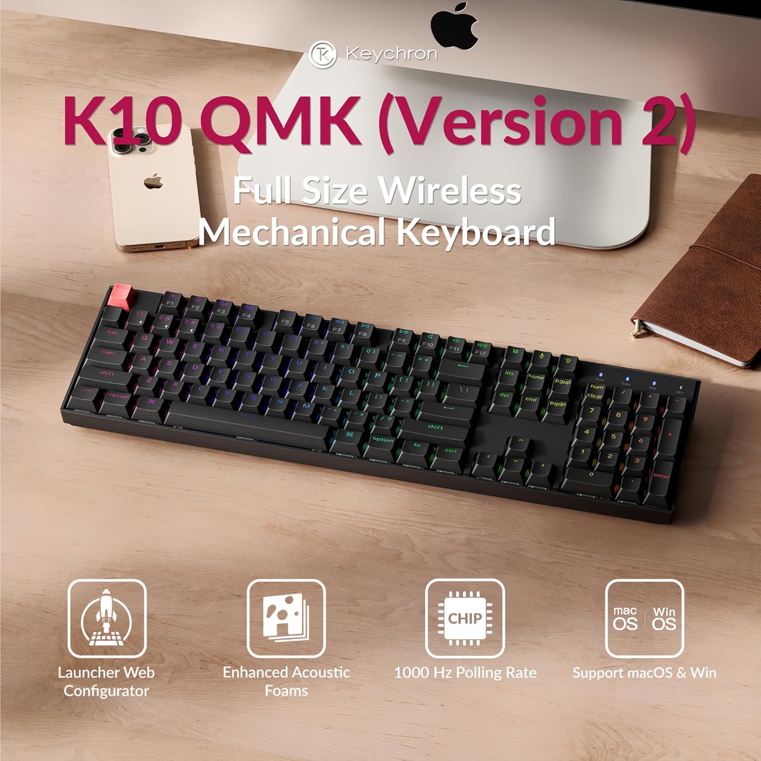 Keychron K10 Full-Size Layout QMK Wireless Mechanical Keyboard, Bluetooth/Wired Hot-Swappable Gaming Keyboard with Keychron Super Brown Switch, RGB Backlight, PBT Keycaps for Mac/Windows-Version 2