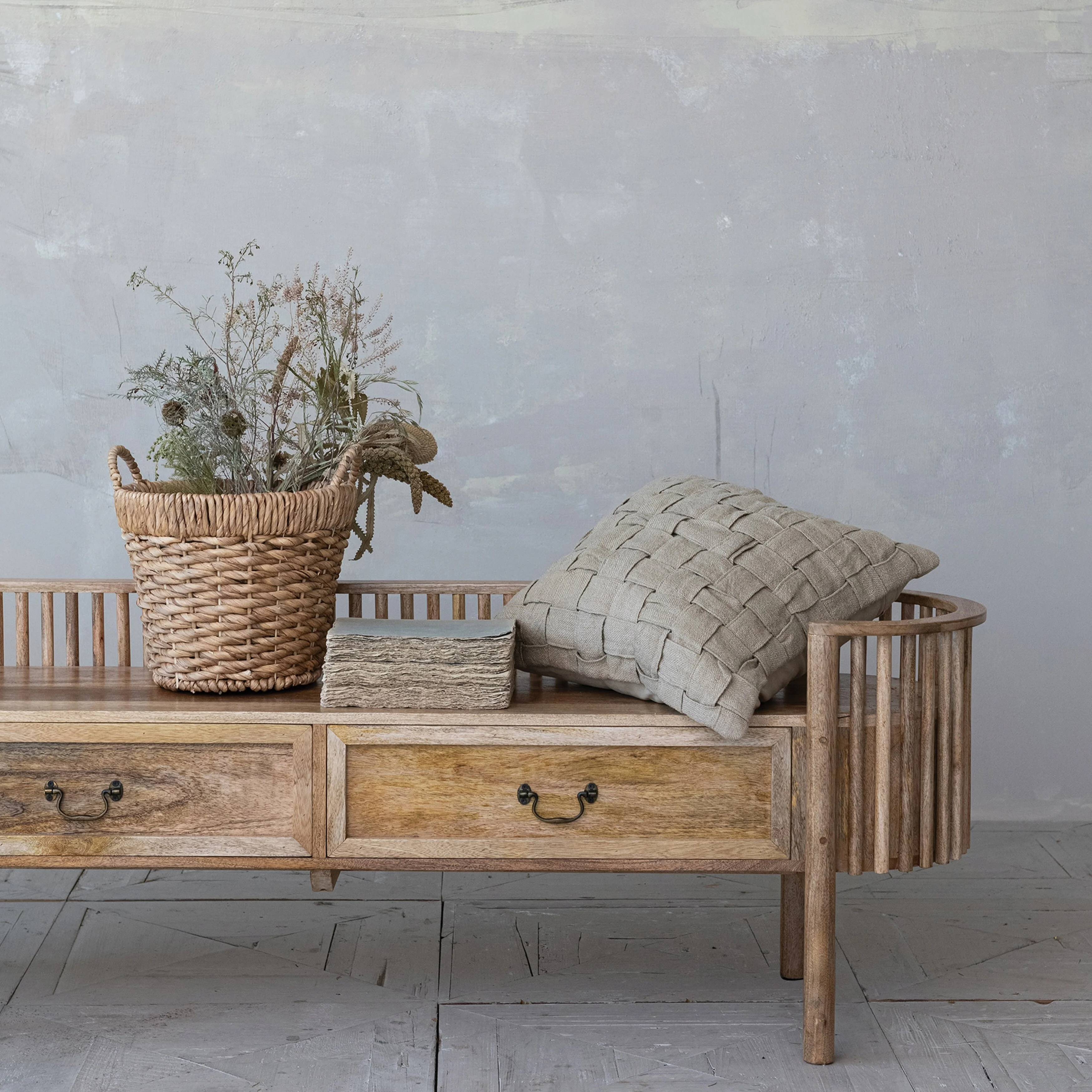 Mango Wood Slatted Bench with 2 Drawers and Metal Pulls, Natural and Brass - 71.0L x 18.0W x 23.0H