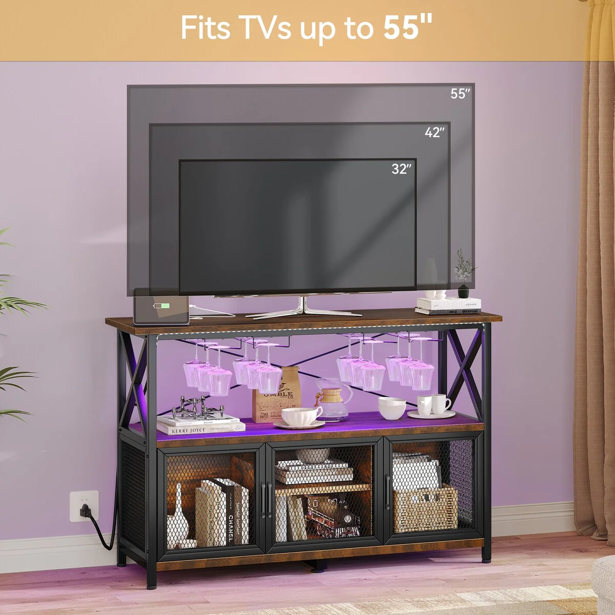 47 Wine Bar Cabinet with LED Lights Power Outlets Industrial Coffee Bar Cabinet - 47.2L x 15.7W x 33.4H