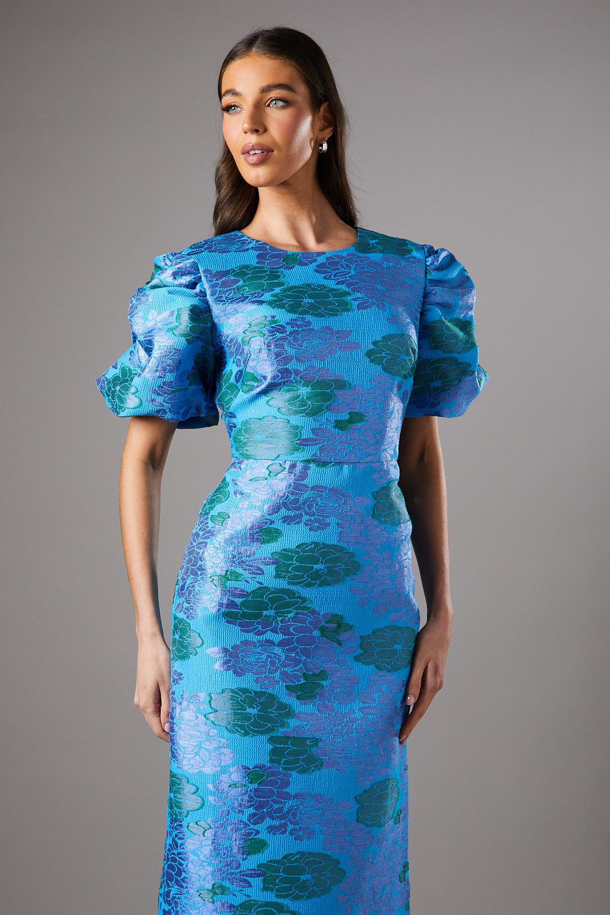 Coast Blue Floral Puff Sleeve Midi Dress