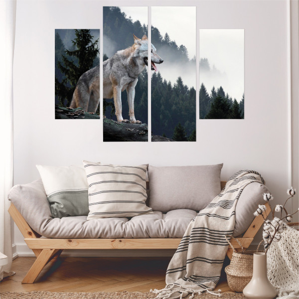 Obraz 4-Częściowy WILK w Lesie Pejzaż 3D 80x60cm