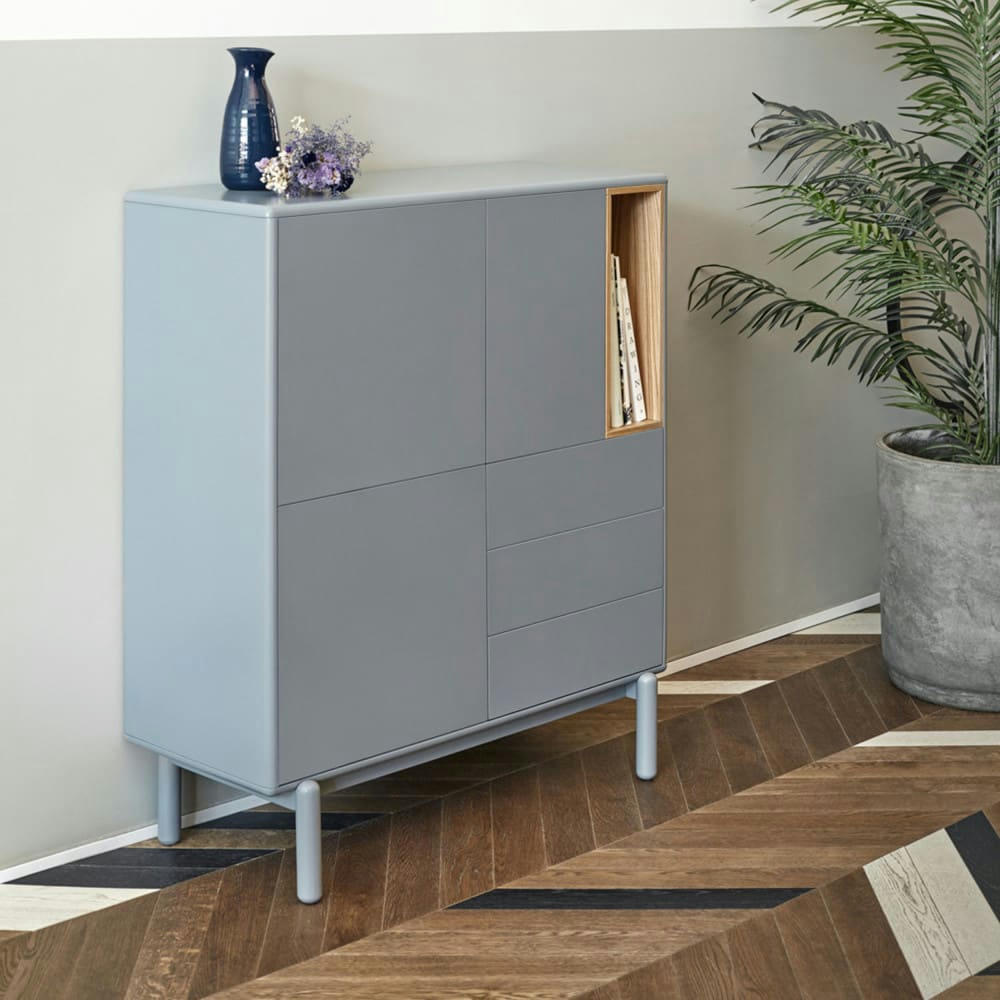 CORVO - Buffet haut 3 portes 3 tiroirs en bois L100cm gris clair