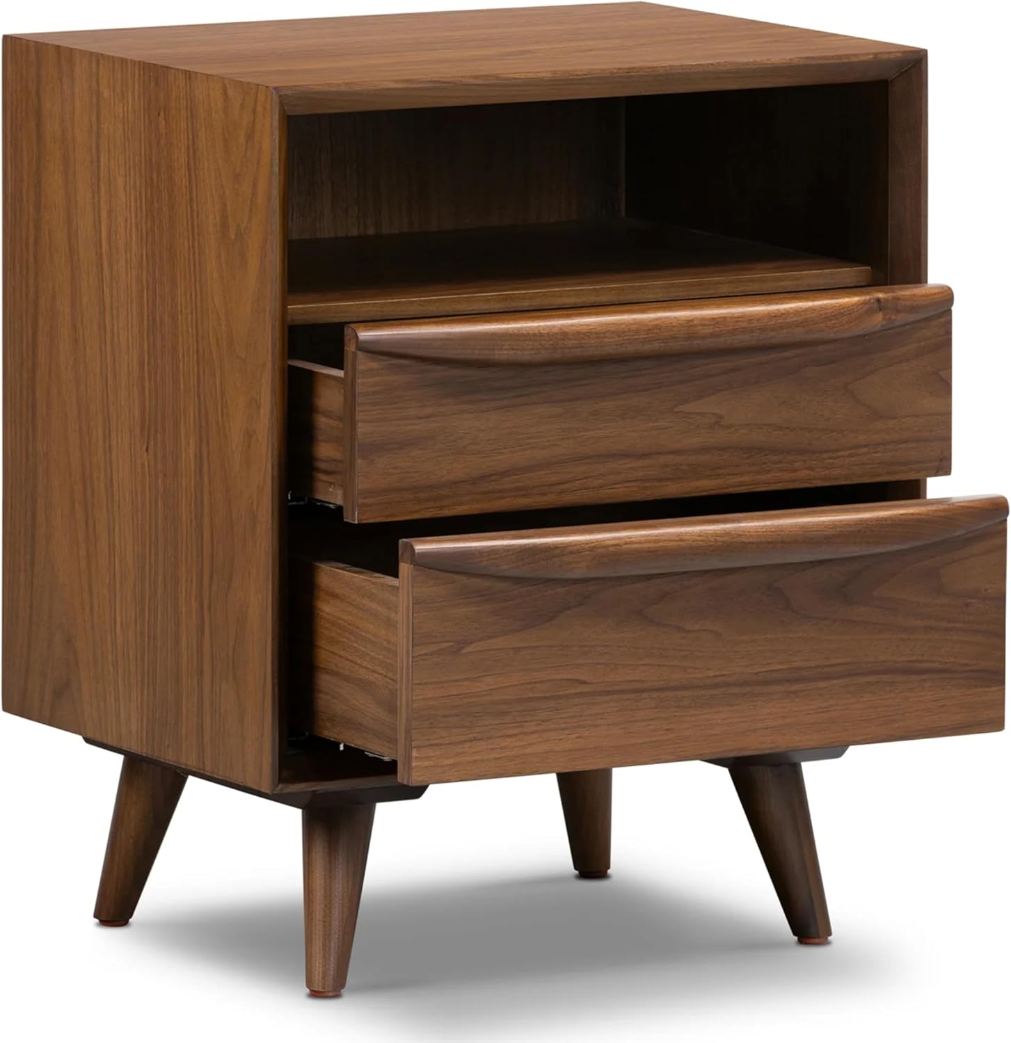 Poly & BARK Cura 22” Nightstand – Solid and Veneered American Black Walnut Bedside Table with Soft‑Close Drawers, Cord Management Cut‑Out and Splayed Solid Walnut Legs