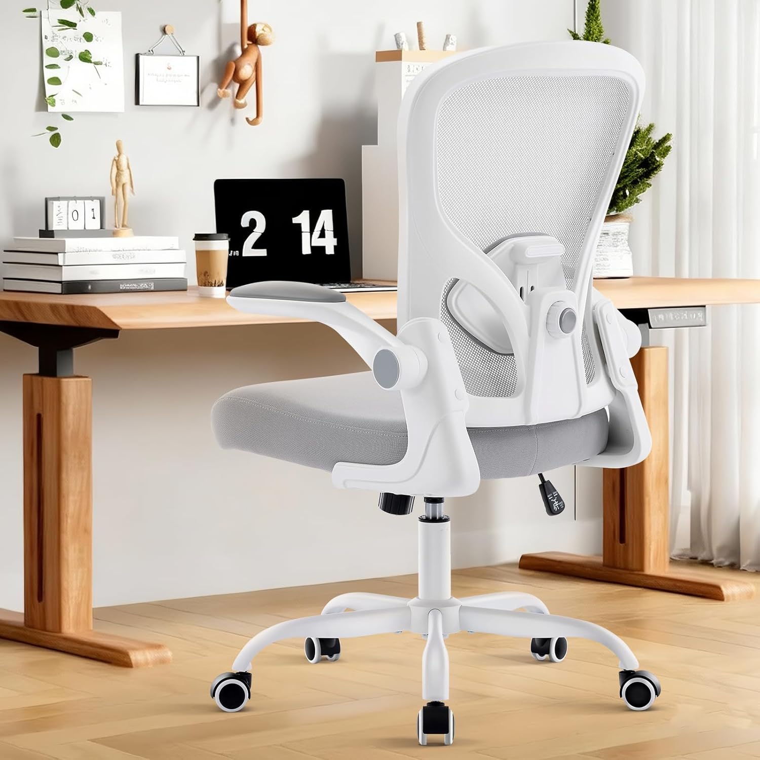 Ergonomic Office Chair, Computer Desk Chair with Adjustable Lumbar Support and Flip-up Armrests, Rocking Function, Comfy Mesh Office Desk Chair for Home Office, Grey