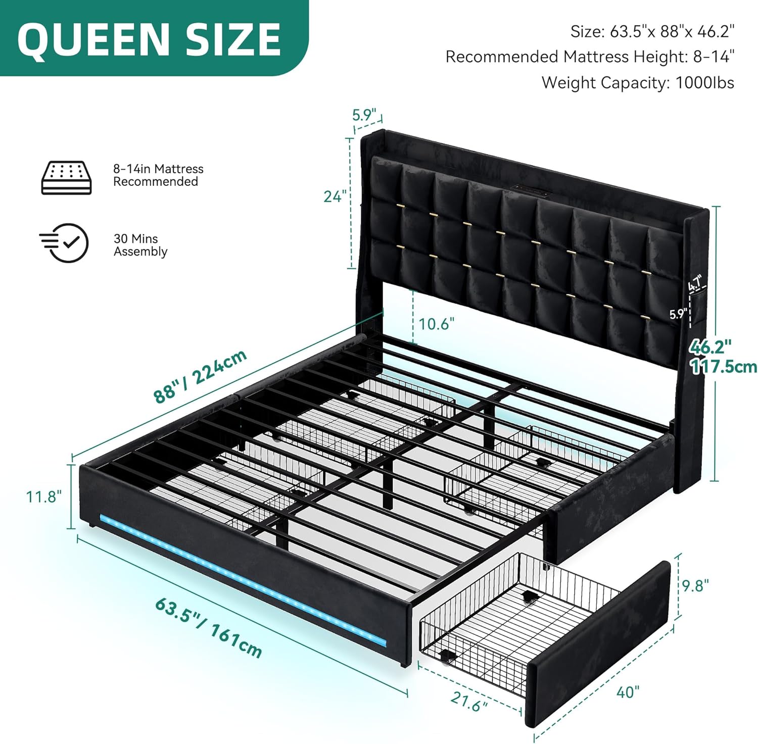 YITAHOME Queen Size Bed Frame with 4 Drawers and RGB LED Lights, Velvet Upholstered Platform Bed with Charging Station and Storage Headboard, No Box Spring Needed, Easy Assembly, Black
