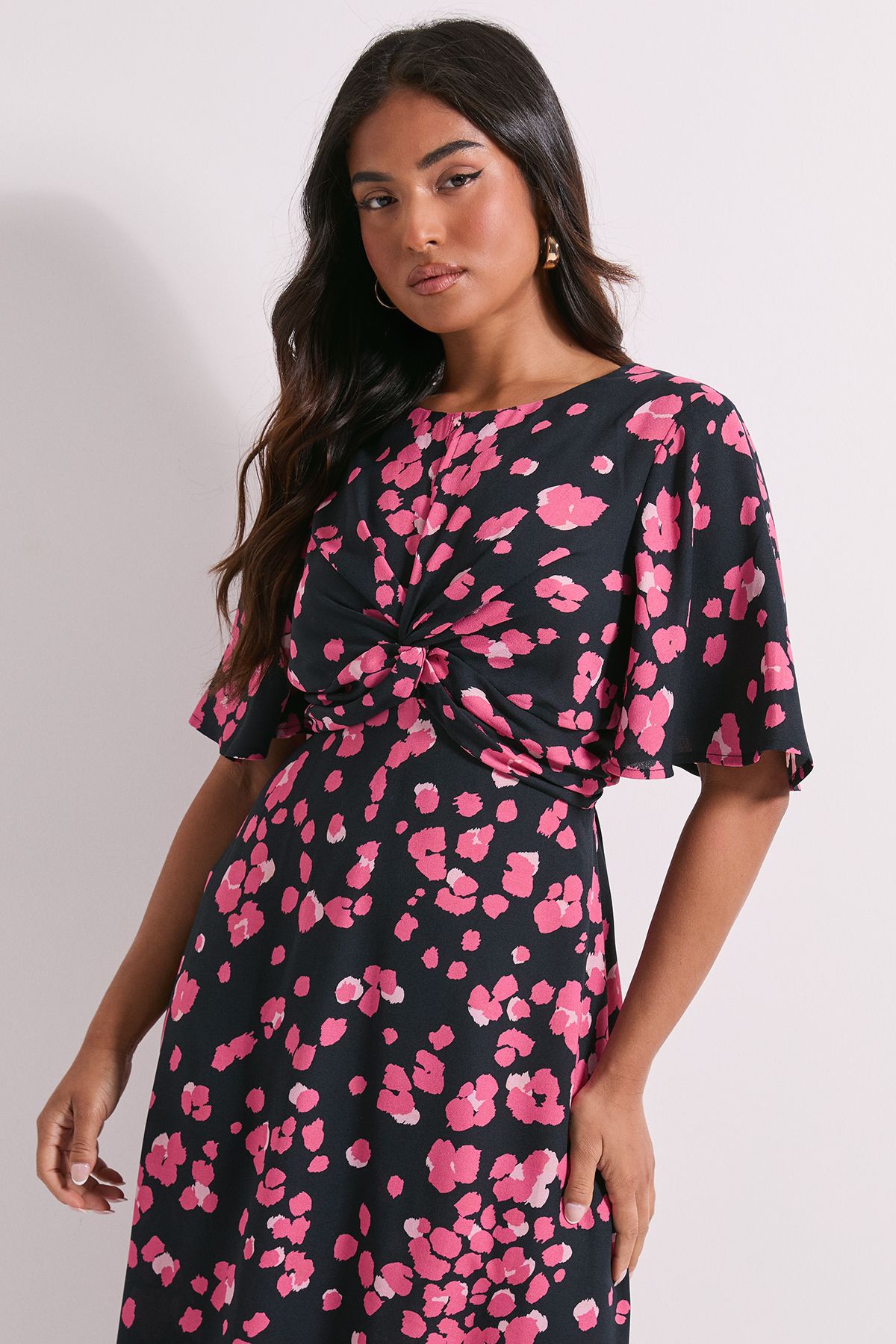 Dorothy Perkins Petite Animal Twist Front Angel Sleeve Midi Dress