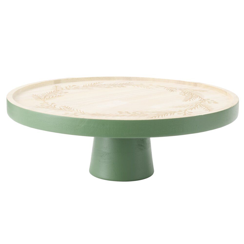 Plateau de présentation en bois gravé couronne de No&euml;l Ø28XH10 cm vert et naturel