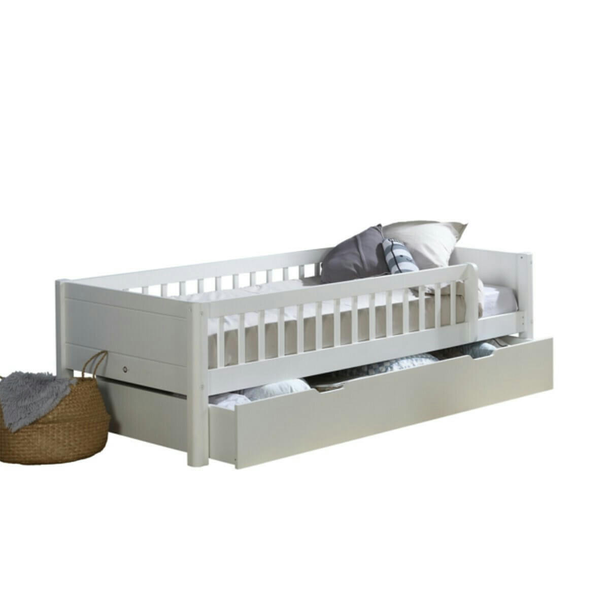 VICTORIA - Lit enfant avec barrières et tiroir 90x190 cm bois massif blanc