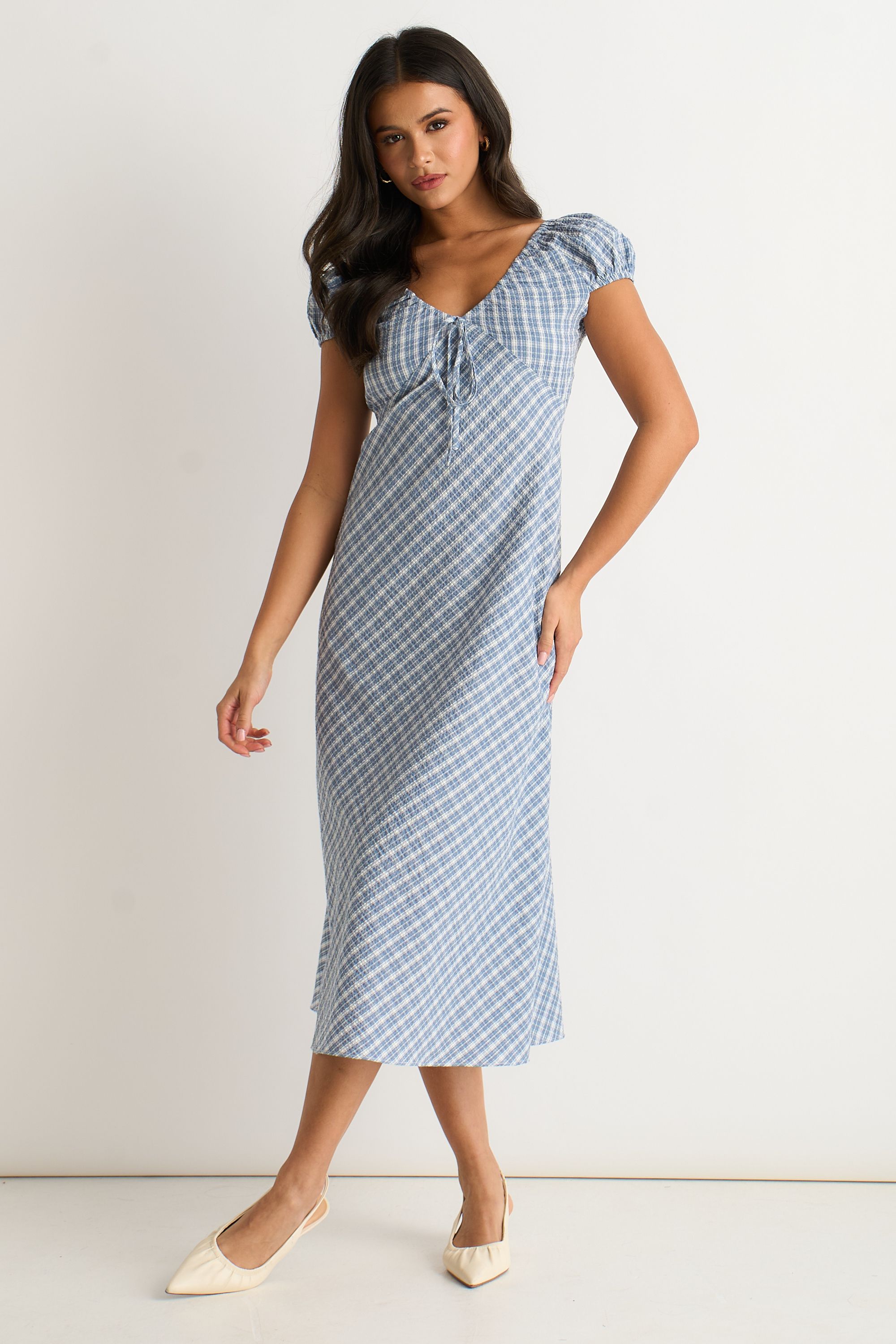 Gini London Blue V Neck Textured Gingham Midi Dress