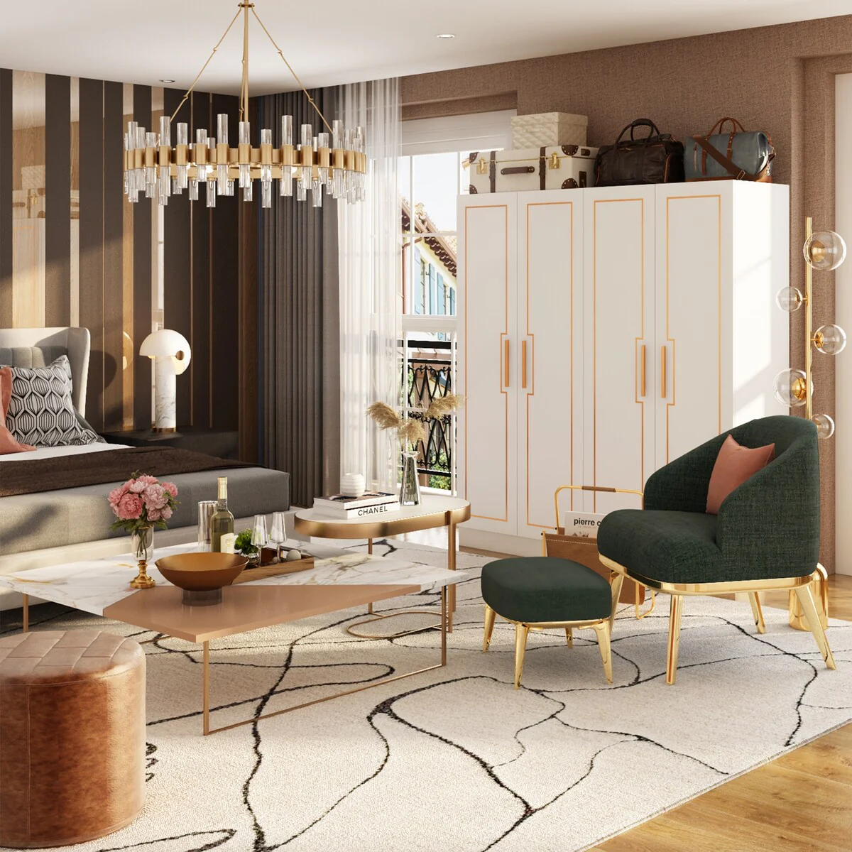 Luxe White & Gold 4-Door Wardrobe: Dual Rods Large Armoires - 63W