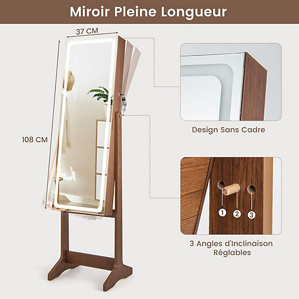 Armoire à Bijoux avec Miroir Armoire de Rangement sur Pied pour Boucles Oreilles Bague Collier Organisateur de Bijoux Brun