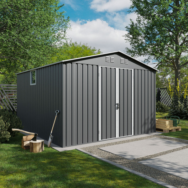 Domek metalowy NORDVIC Thor 283x189 cm, uchylne drzwi, Light Grey