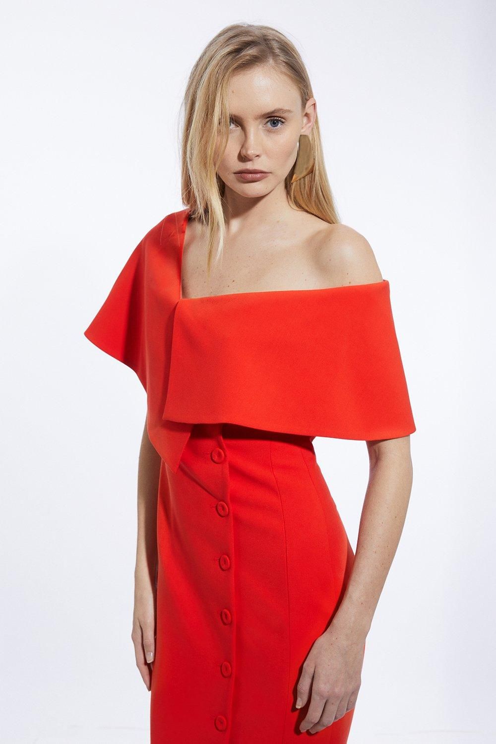 KarenMillen Tall Compact Stretch Off Shoulder Button Through Tailored Midaxi Pencil Dress