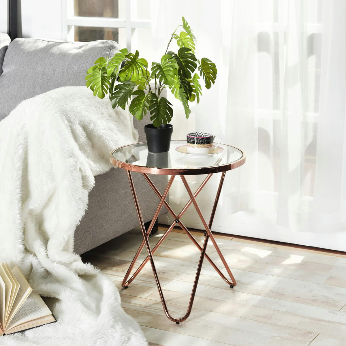 - Table d'Appoint Ronde Style Scandinave Or Rose Avec Verre Transparent