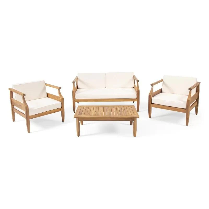 Aston Outdoor Mid-Century Modern Cushioned Acacia 4-seat Chat Set Loveseat & Coffee Table & Club Chair - Teak Finish + C