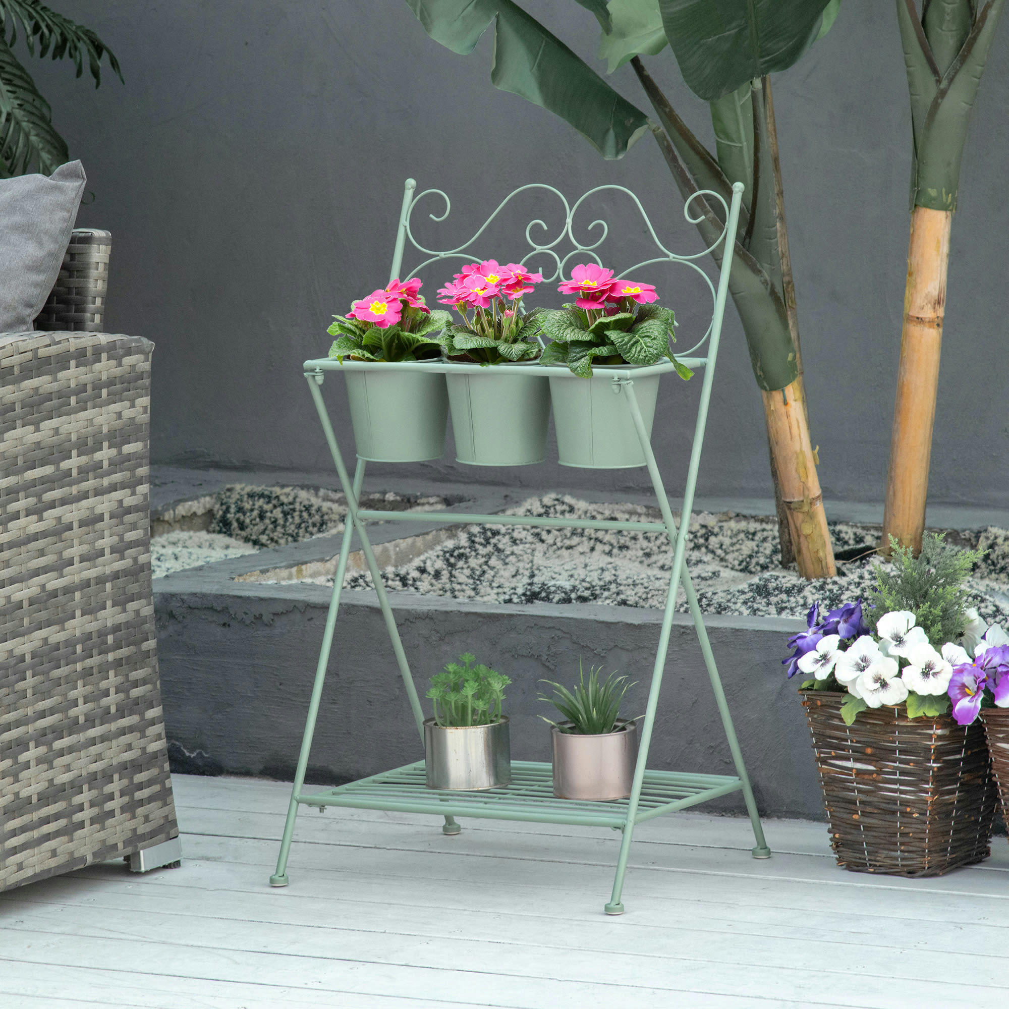 - Étagère à fleurs pliable 2 niveaux style rural chic 3 pots de fleurs