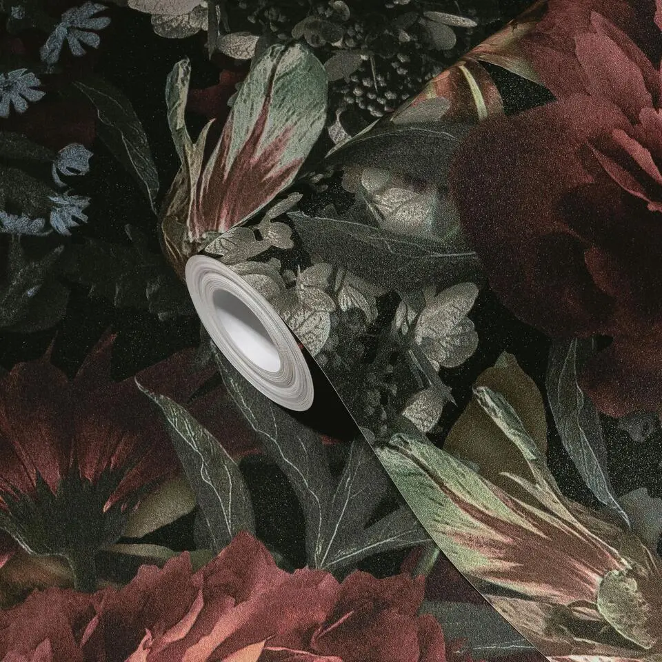 Livingwalls behang bloemmotief rood en groen - 53 cm x 10.05 m