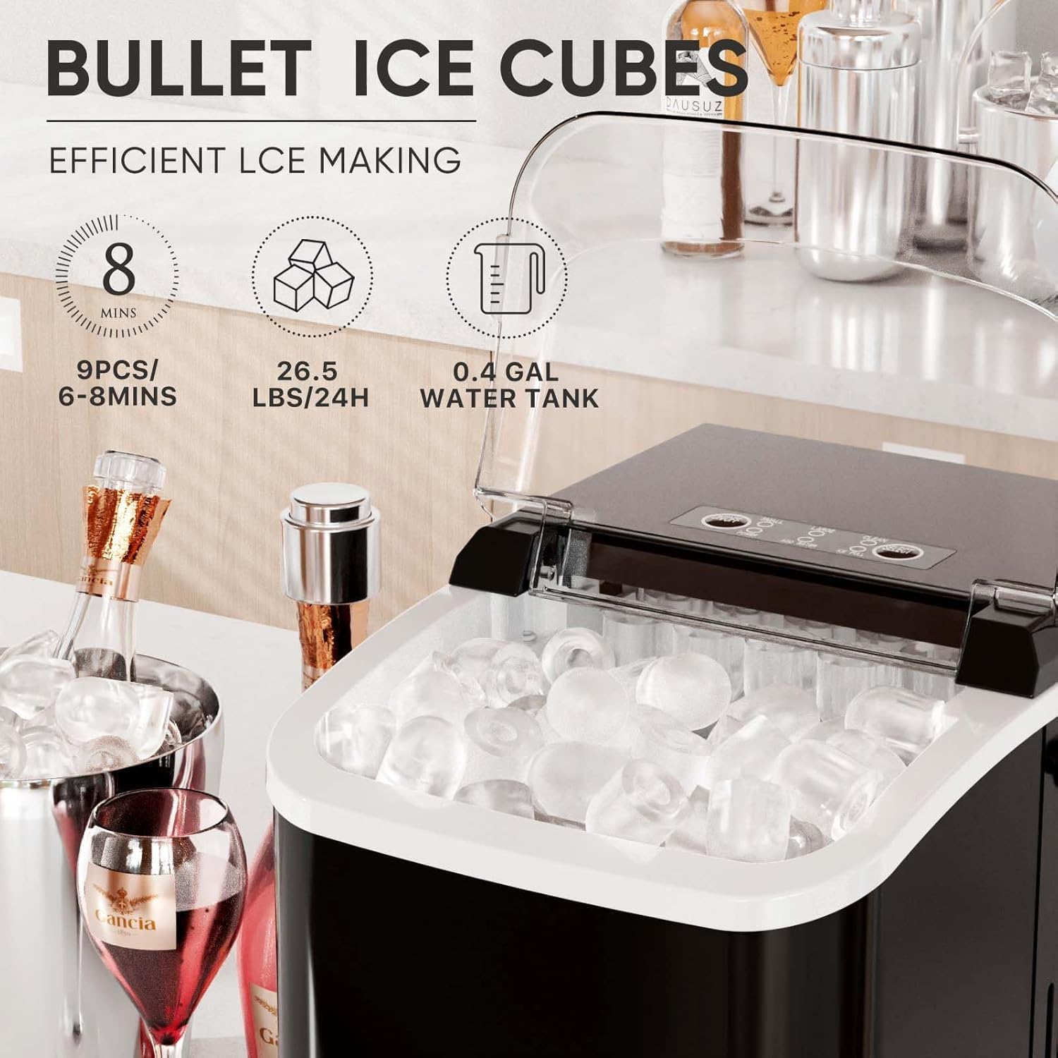 DUMOS Countertop Ice Maker with Handle, 26lbs/24H Portable Ice Machine, 9 Bullet Ice Cubes Ready in 6 Mins, Self-Cleaning, Quiet Compact Ice Maker for Home, Kitchen, RV, Camping, Black