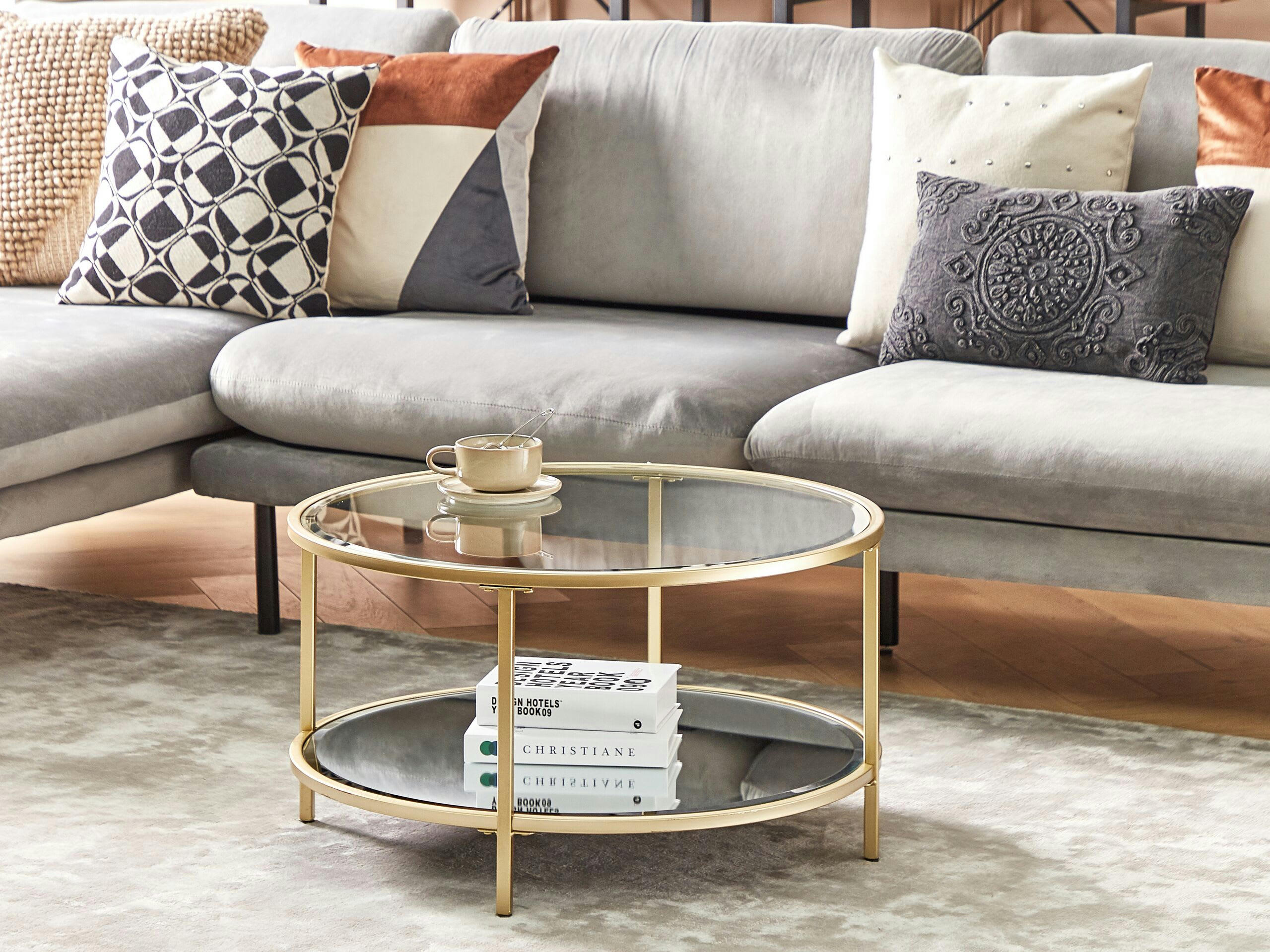 BIRNEY - Table basse verre et acier doré ronde