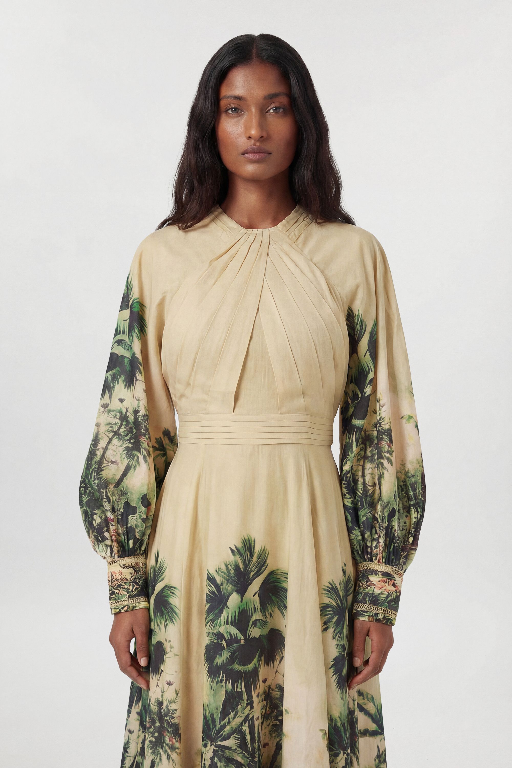KarenMillen Botanical Print Woven Balloon Sleeve Maxi Dress