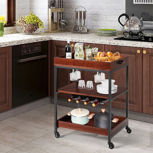 NNECW 3-Tier Kitchen Island Cart with Wine Rack & Glass Holders & Handle