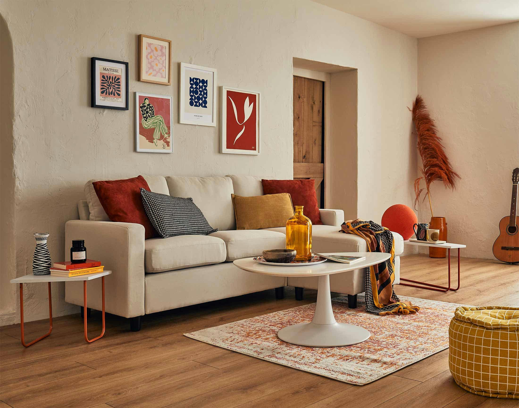 VIANON - Canapé d'angle réversible 4 places en tissu beige