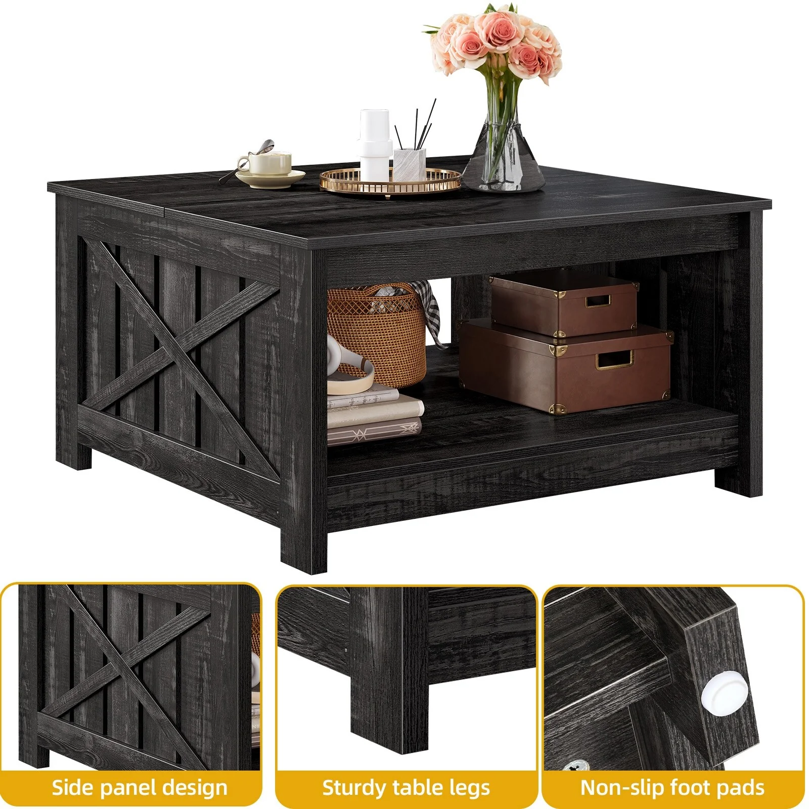 Modern Rustic Square Wood Coffee Table with Storage