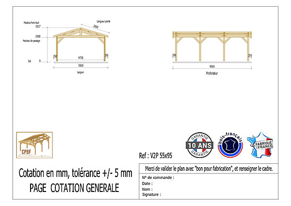 Carport 2 pentes 550cmx950cm, bois DOUGLAS Français(Charpente en bois-auvent-abri voiture),53m². Garantie 10 ans