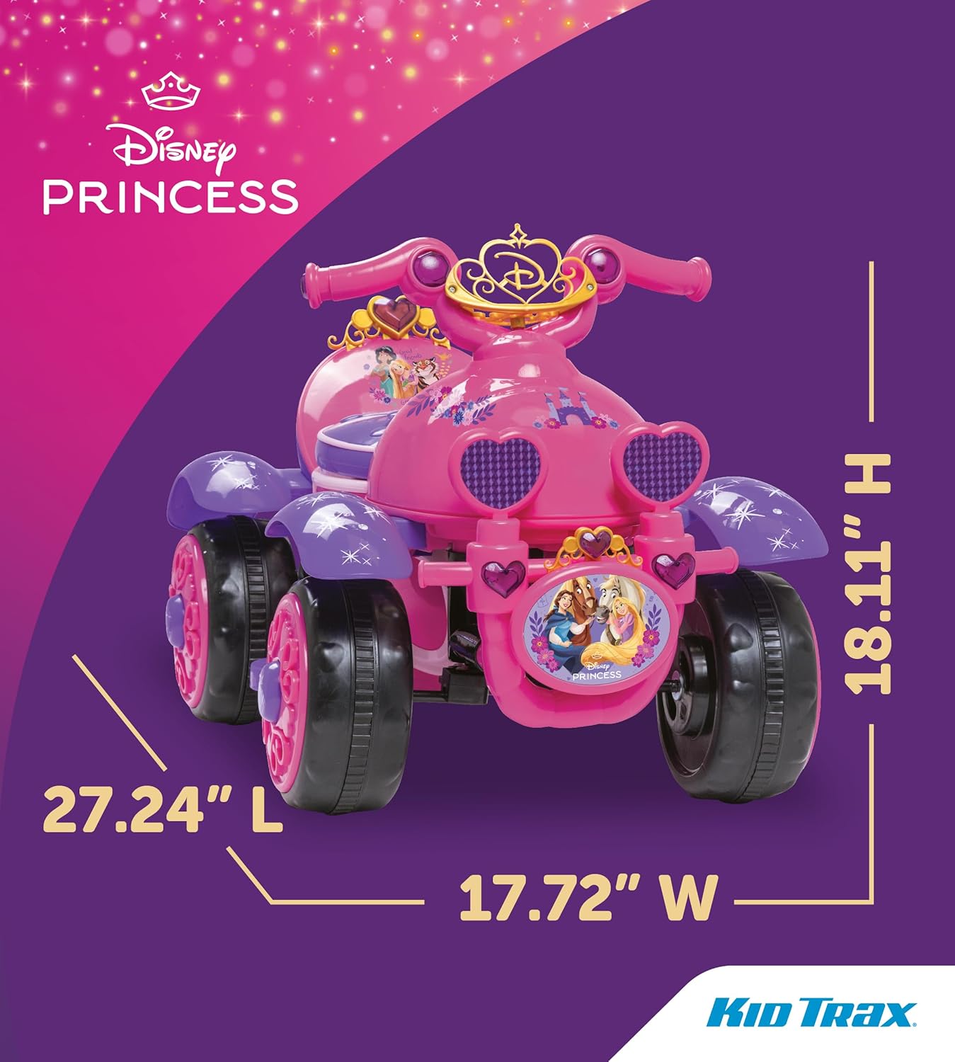 Kid Trax Toddler Disney Princess Electric Quad Ride On Toy, Kids 1.5-3 Years Old, 6 Volt Battery and Charger Included, Max Weight 45 lbs, Princess Pink