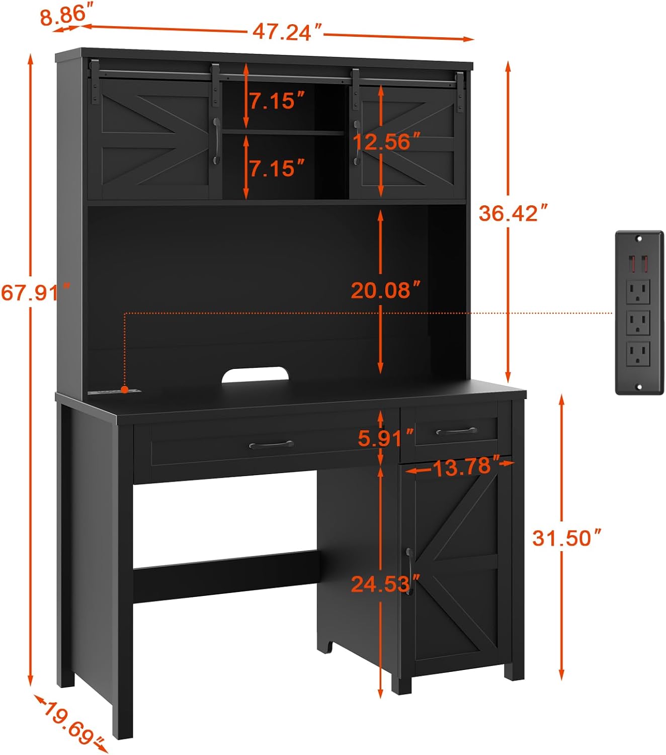 Vabches Farmhouse 47 Executive Desk, Computer Desk with 2 Drawers, Storage Cabinet and LED Light,Charging Hub, Home Office Desk with Hutch, Workstation for Home Office and Study(Pure Black