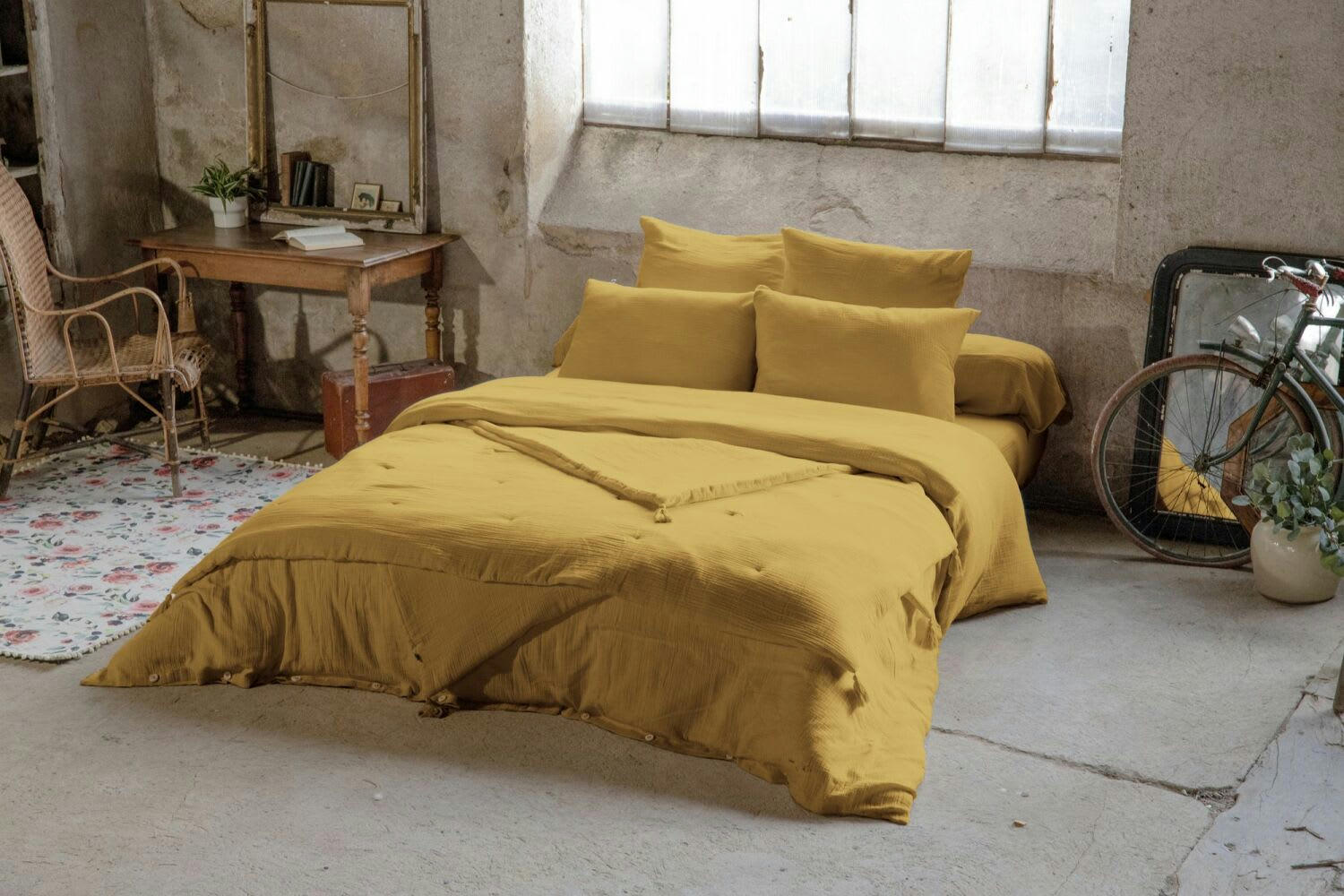 JAUNE - Taie d'oreiller gaze de coton jaune 50x70 cm