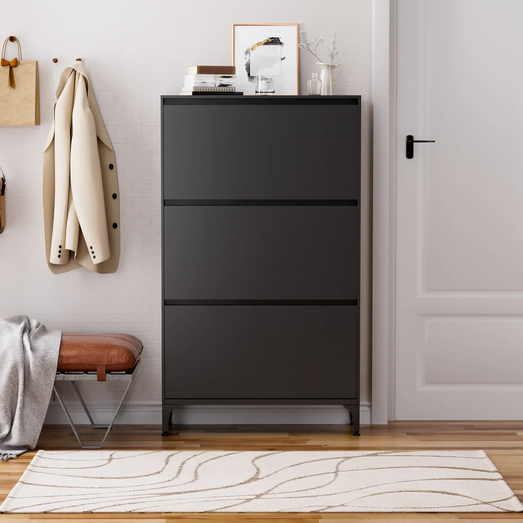 Ouyessir Metal Shoe Storage Cabinet with 3 Filp Drawers and Adjustable Shelves