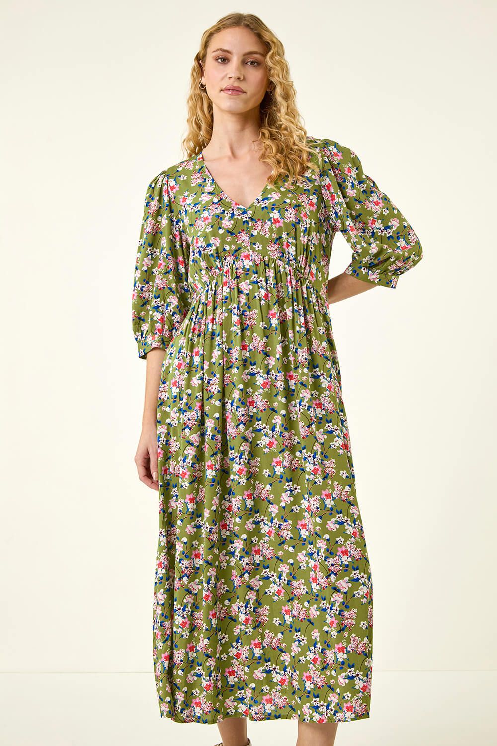 Roman Floral Print V-Neck Midi Dress