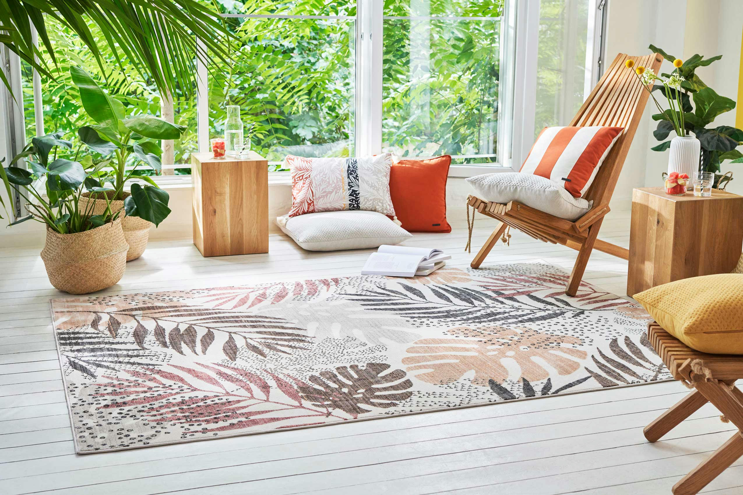 FLORENCE - Tapis tissé plat thème feuillage à franges fond beige 80x150