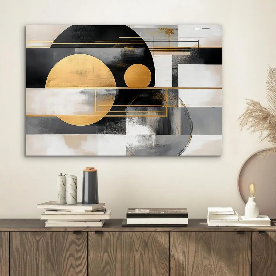 MuchoWow Aluminium Schilderij 60x40cm Abstract Goud Zilver Vormen