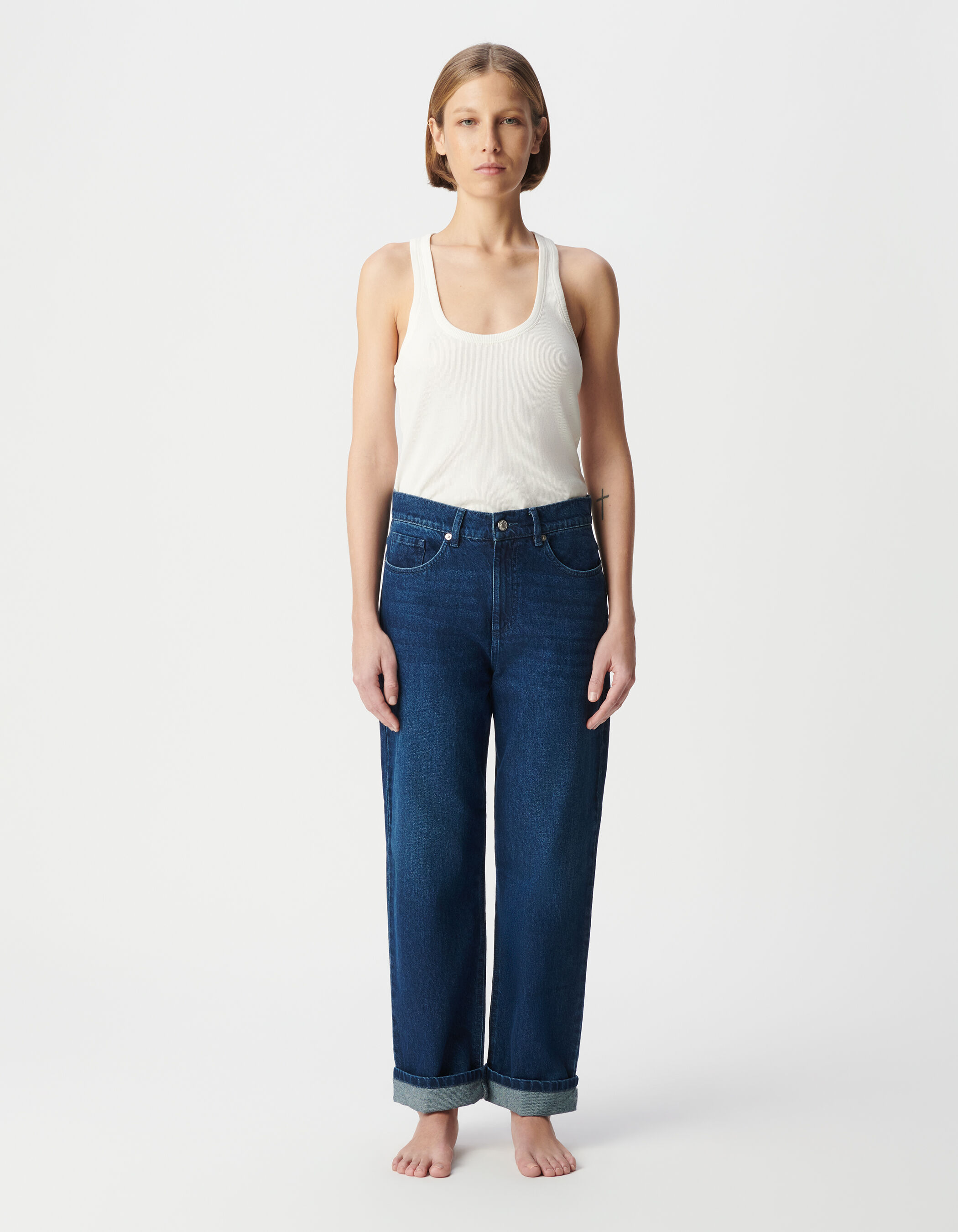 Jean boyfriend bleu cropped Femme