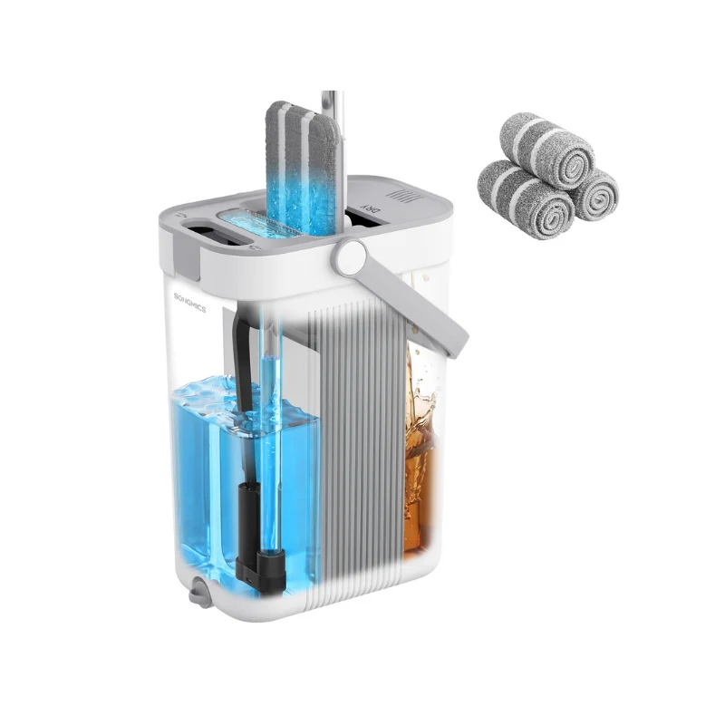 Ensemble balai plat et seau à essoreur, séparation eau propre et eau sale