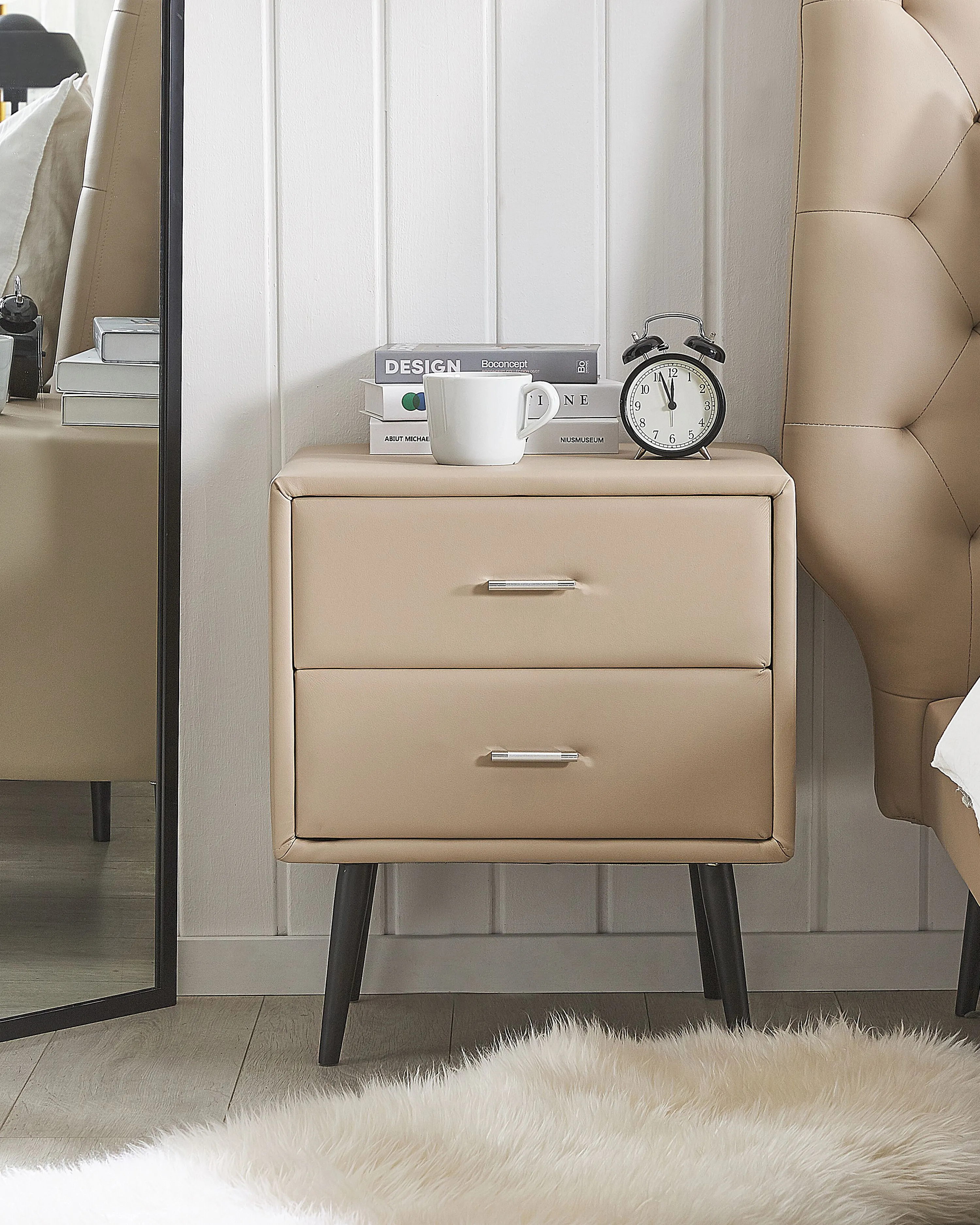 2 Drawer Bedside Table ESSONNE Faux Leather Beige