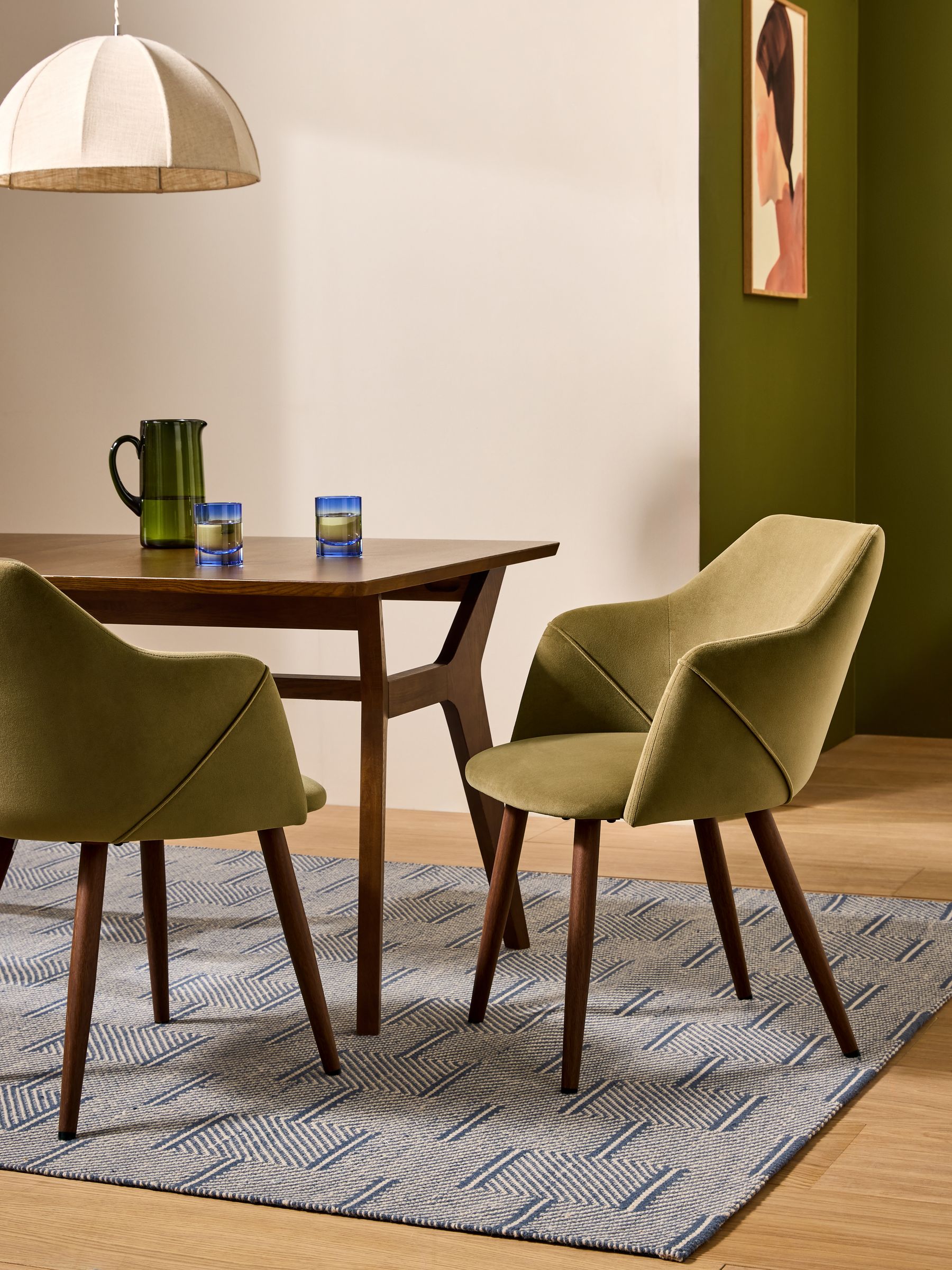 Set of 2 Lule Arm Dining Chairs in Fern Green Velvet and Dark Legs