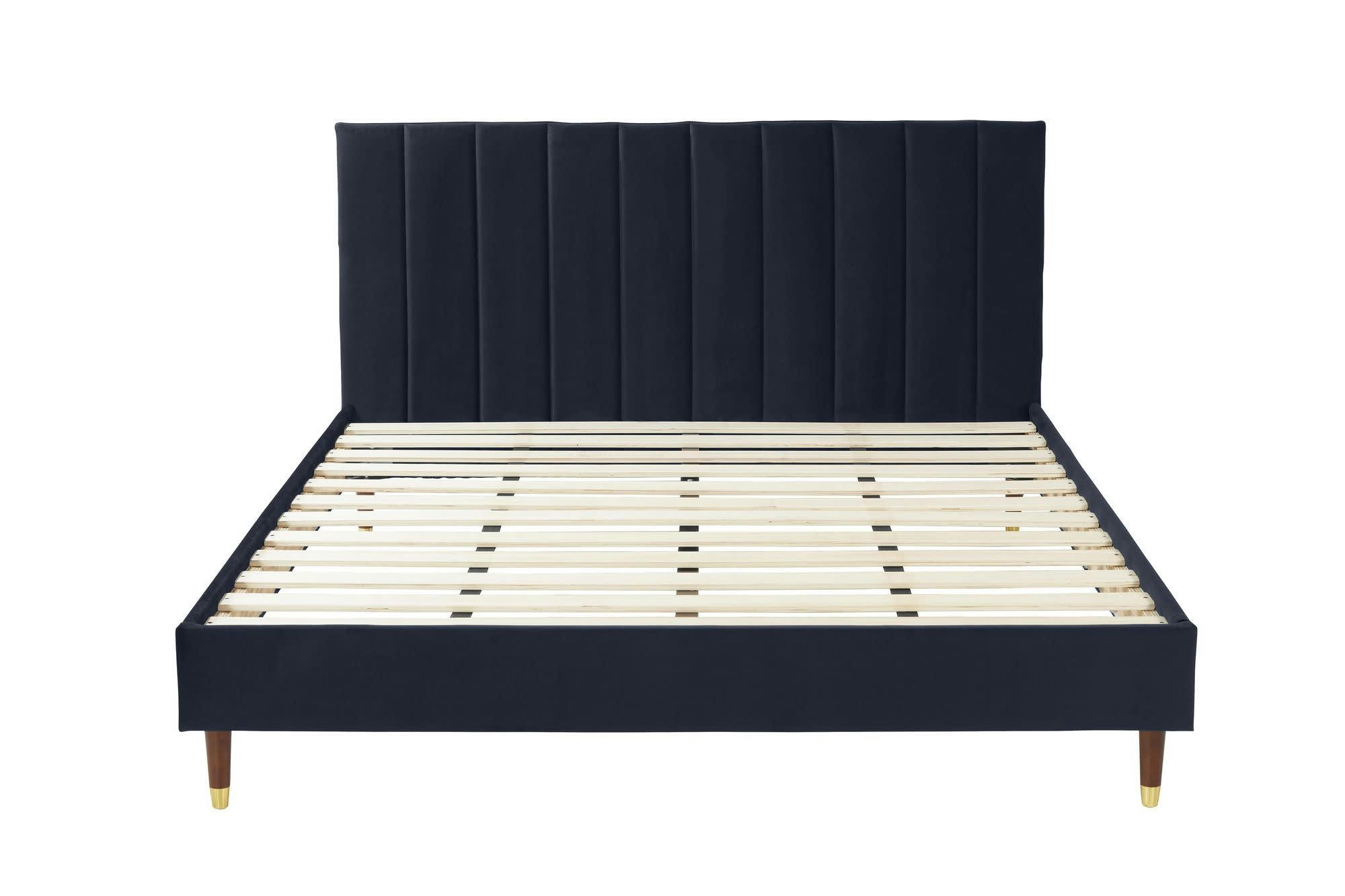 THELMA - Lit avec matelas 2 places  en velours bleu nuit 140x190