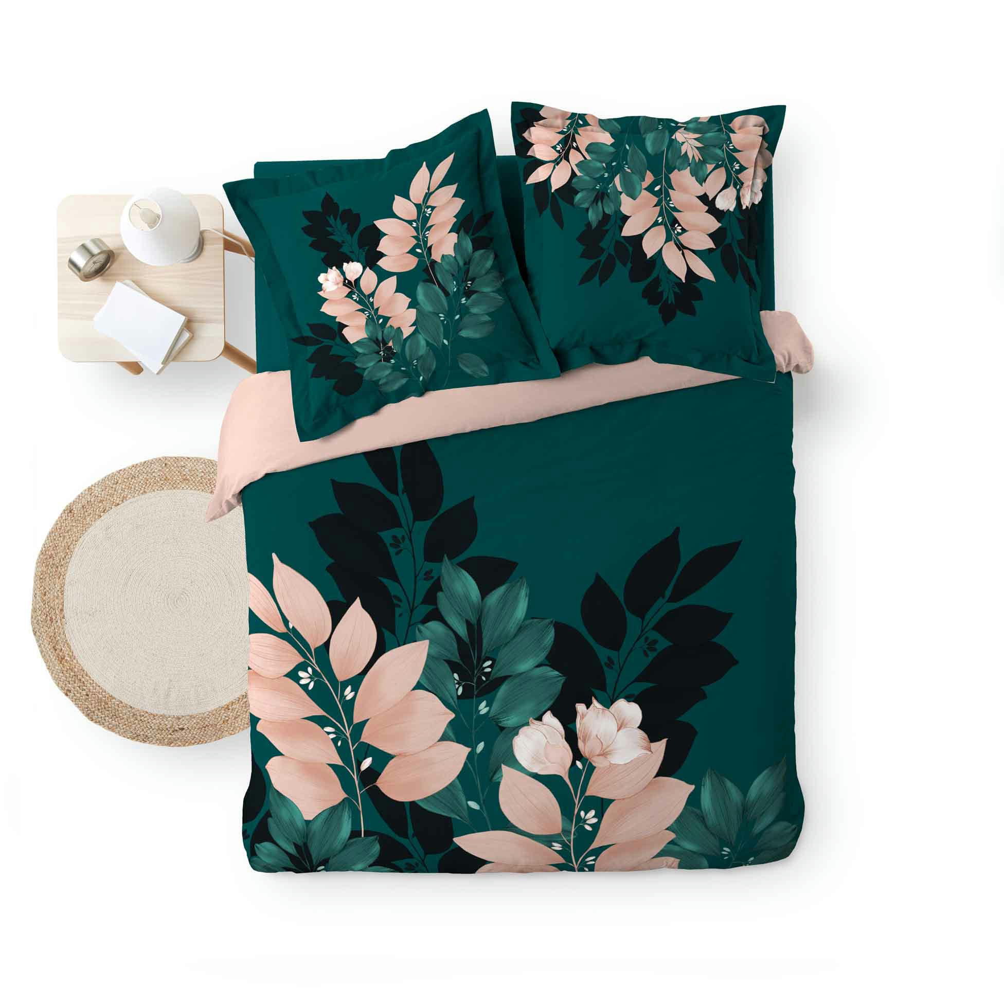 - Parure de lit ambiance florale coton emeraude 220 x 240
