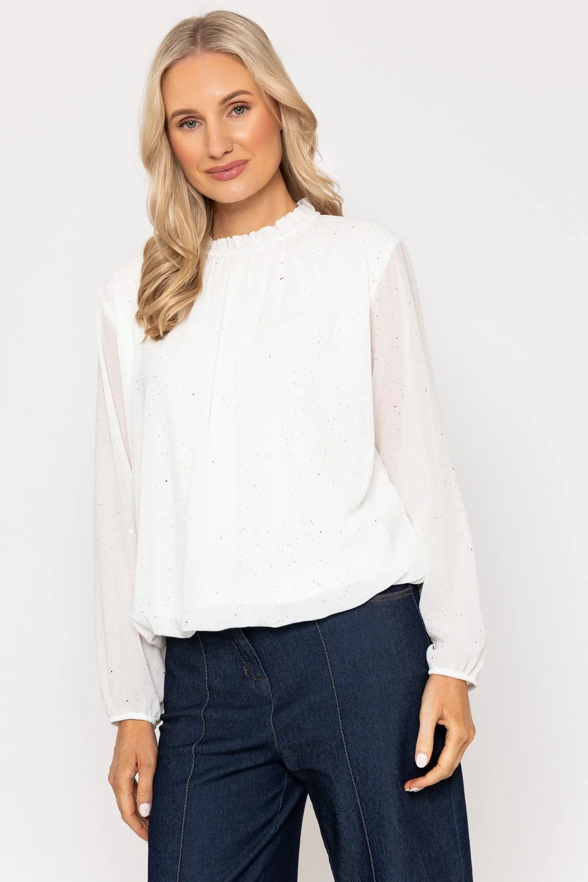 Ecru High Neck Top With Glitter