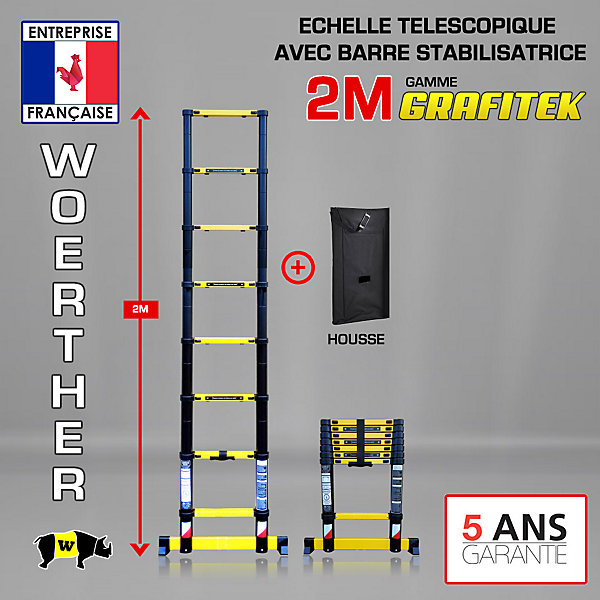 Echelle télescopique 2m Woerther avec barre stabilisatrice plus housse