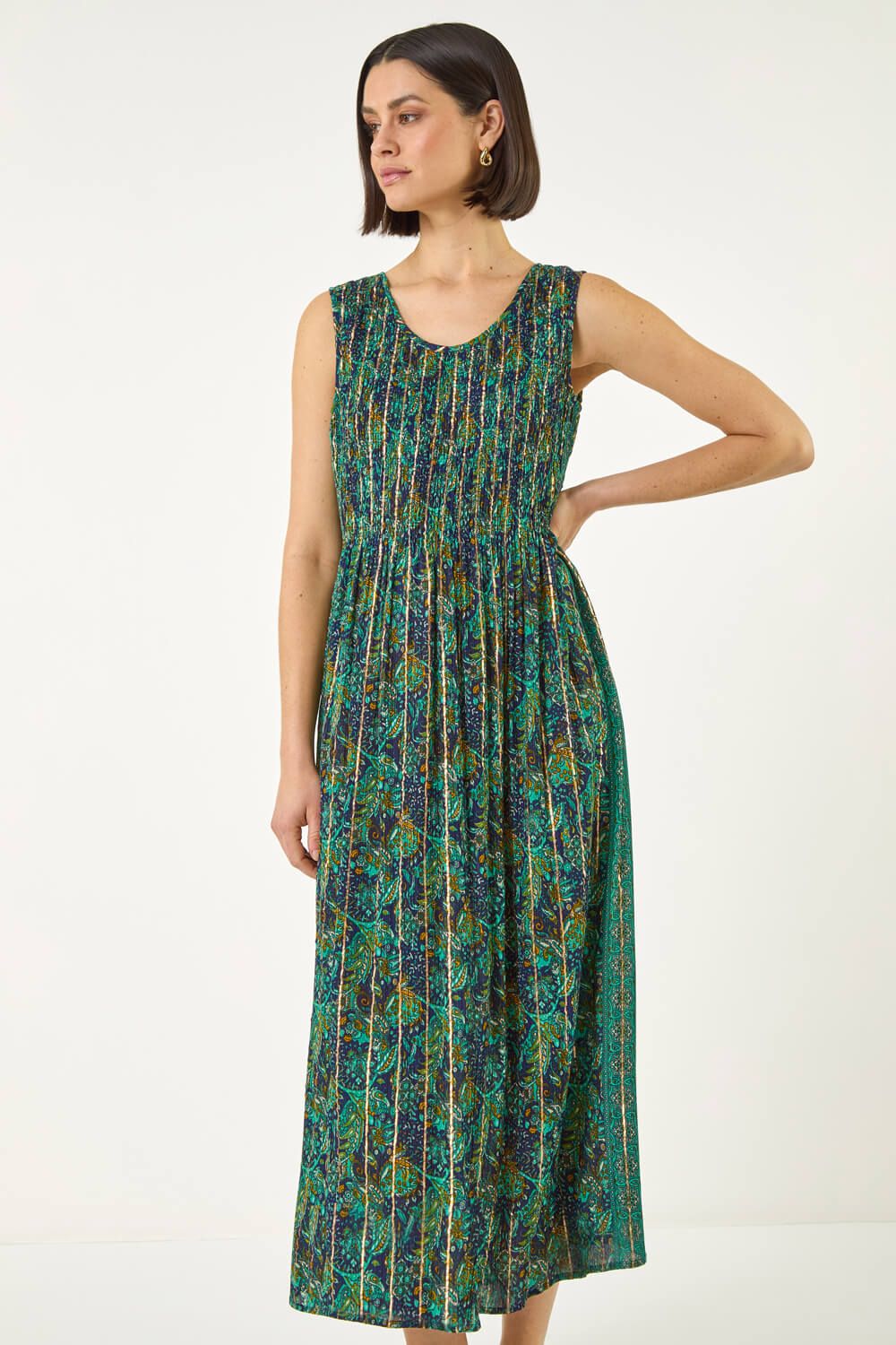 Roman Paisely Leaf Print Shirred Midi Dress