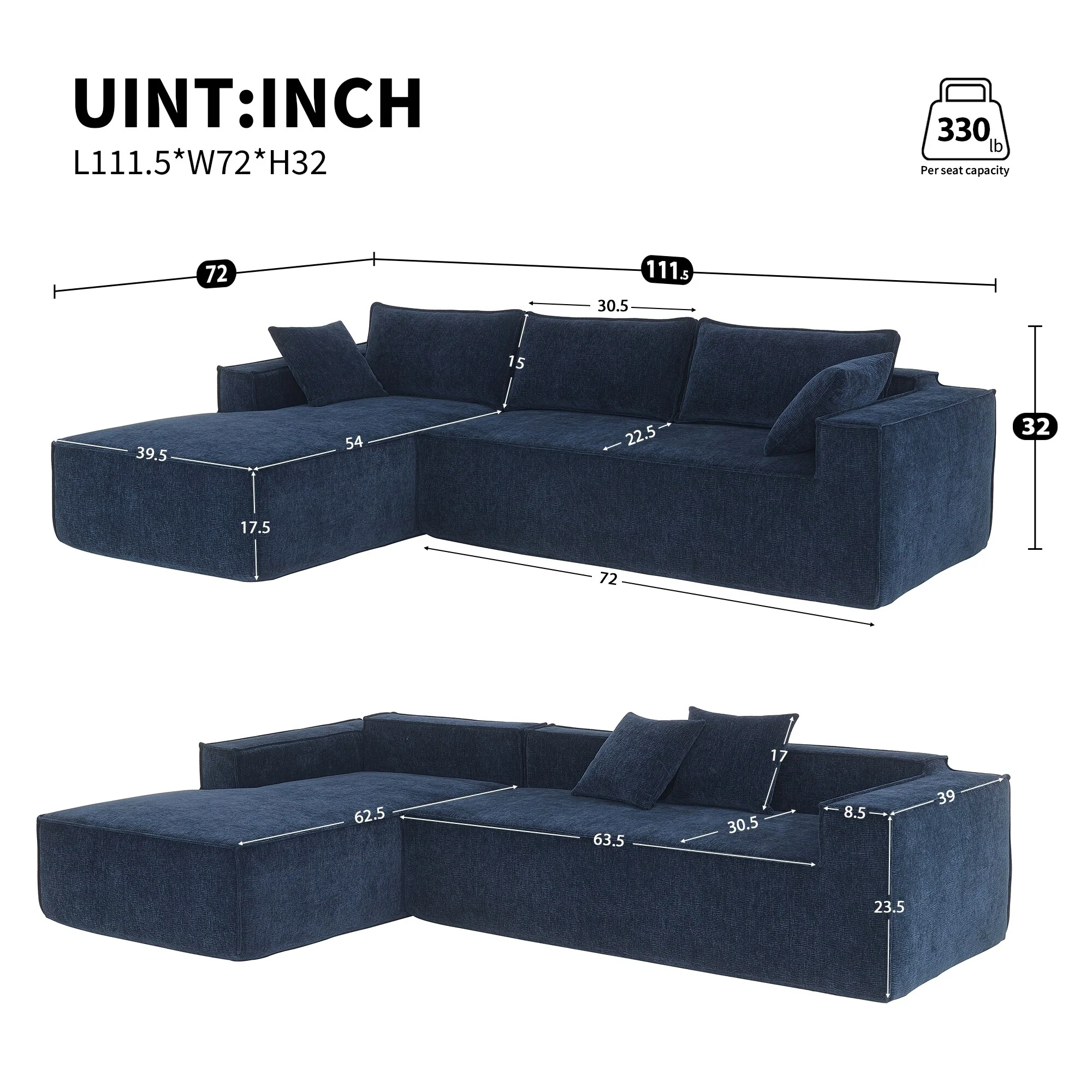 111.5 L-Shaped 4-Seater Modular Sofa with Chaise, 2 Pillows, Wrinkle-Resistant Chenille, and All-Sponge Construction